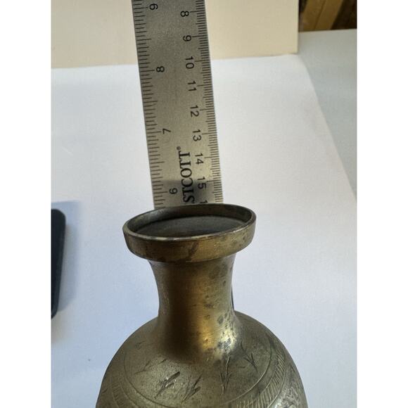 Solid Brass Engraved Pedestal Vase Made in India Stamped on Bottom 6" Tall - Picture 6 of 7